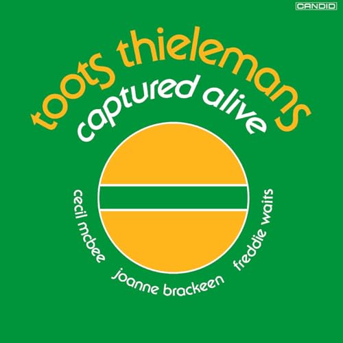 Album cover for Toots Thielemans’ “Captured Alive” with orange and green design.