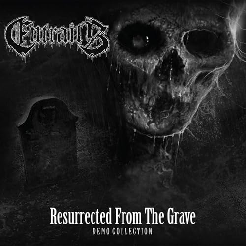 Skull and tombstone album cover for Entrails’ “Resurrected From The Grave.”
