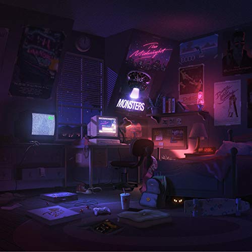 A dimly lit bedroom with a desk, computer, and posters in a retro aesthetic.