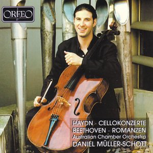 CD cover: cellist Daniel Müller-Schott with his instrument, Orfeo label.