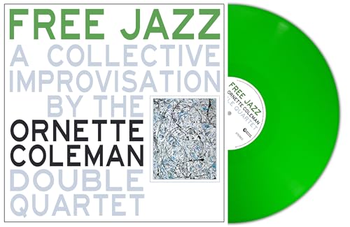 Green vinyl record of Ornette Coleman’s “Free Jazz” with album cover art.