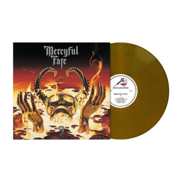 Mercyful Fate “9” vinyl record, gold disc with illustrated cover.