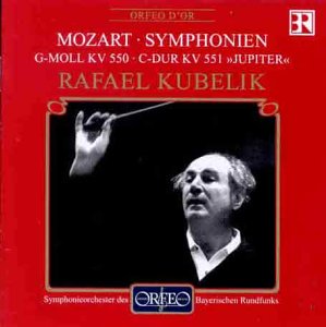 CD cover: Rafael Kubelik conducting, red background, Mozart symphonies title.