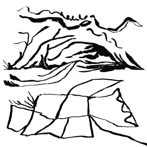 Black and white line drawing of abstract waves and a building.