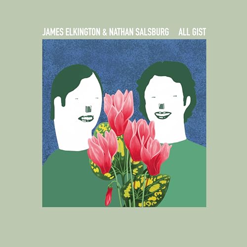 Album cover with illustrated portraits of two men and red flowers.