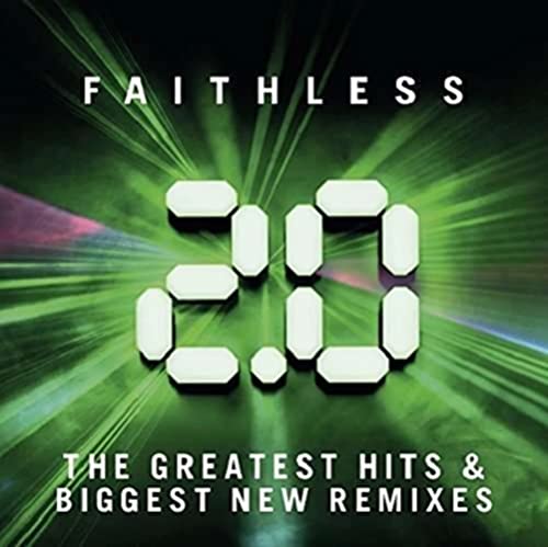 Faithless 2.0 album cover featuring digital text over a green laser light background.