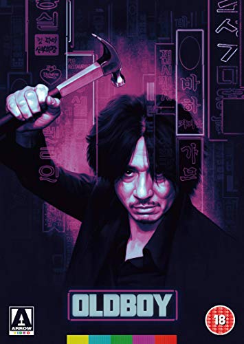 Oldboy DVD cover: man with hammer, neon signs, dark and gritty style.