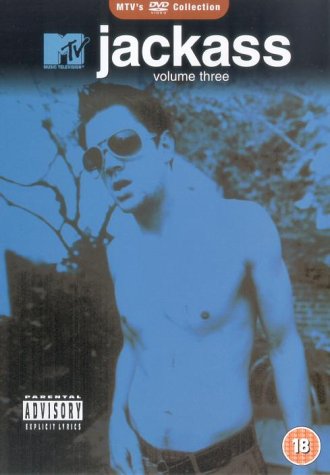 Jackass Volume Three" DVD cover featuring a shirtless man with sunglasses.