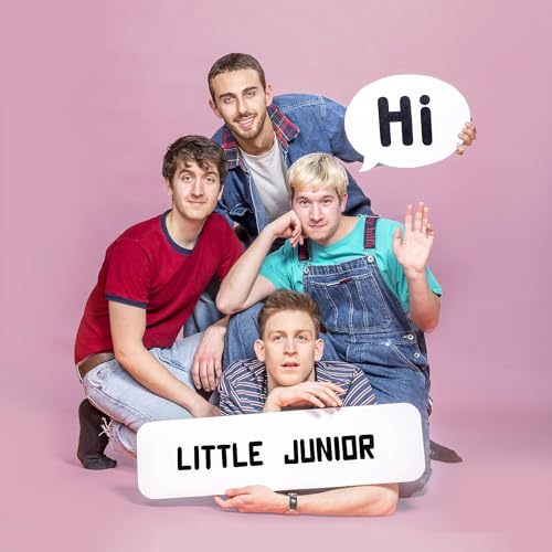 Four young men with a speech bubble and album title card.