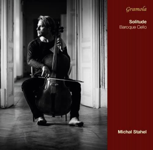 Cellist Michal Stahel in a hallway, album cover for "Solitude.