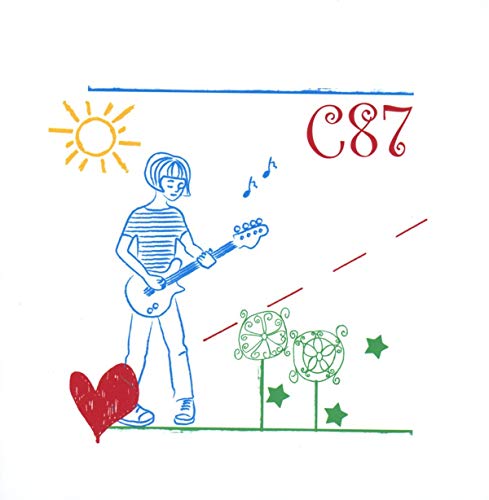 C87 CD cover: blue line drawing of a guitarist, sun, heart, and flowers.
