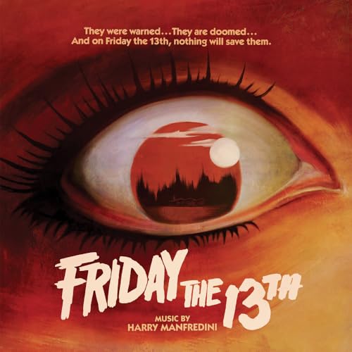 Friday the 13th" vinyl record cover with an eye reflecting a dark landscape.