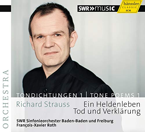 CD cover featuring portrait of conductor François-Xavier Roth, Richard Strauss music.