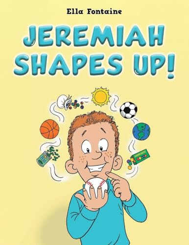 Cartoon boy with various shapes and sports items floating around him.