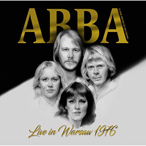 ABBA band portrait with gold lettering, “Live in Warsaw 1976” text.