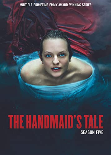 Woman submerged in blue, red fabric above, "The Handmaid's Tale" text.