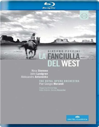 Blu-ray cover for Puccini’s *La Fanciulla del West* opera, cowboy on horseback.