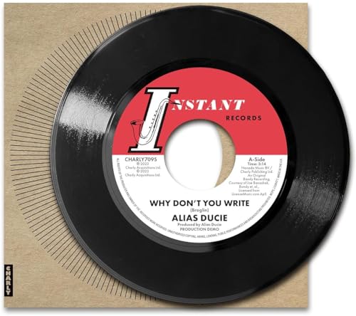 Black vinyl record with red and white label, leaning against a sleeve.