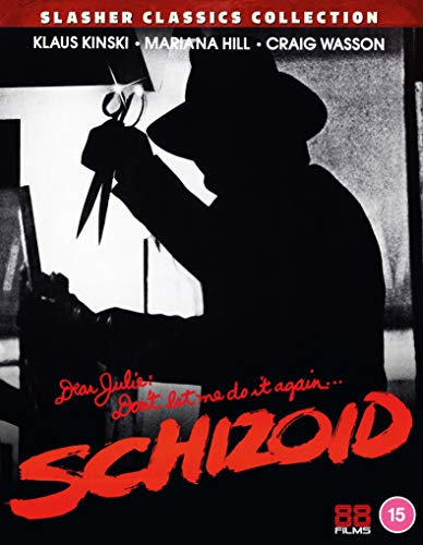 Blu-ray cover for horror film "Schizoid" featuring a shadowy figure with scissors.