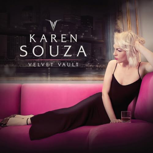 Album cover for Karen Souza’s “Velvet Vault” featuring a woman on a pink couch.