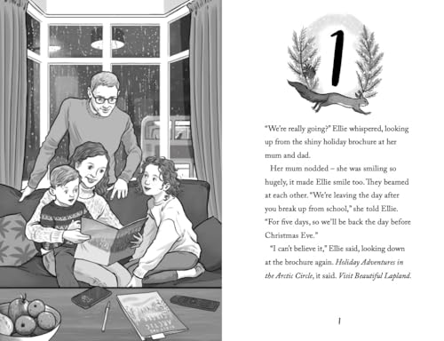 Black and white illustration of a family reading a brochure in a living room.