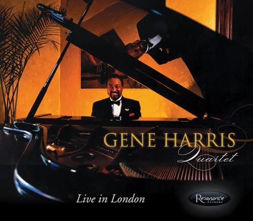 Gene Harris at a grand piano, album cover for "Live in London.