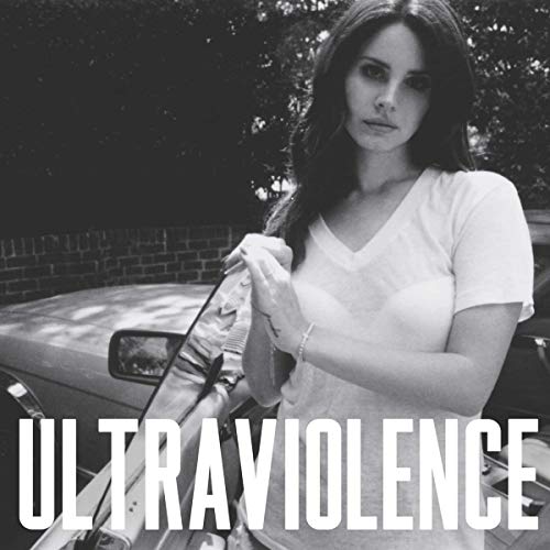 Black and white album cover featuring Lana Del Rey and a classic car.