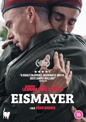 Two soldiers in uniform embracing, with film title Eismayer and critic reviews overlaid.