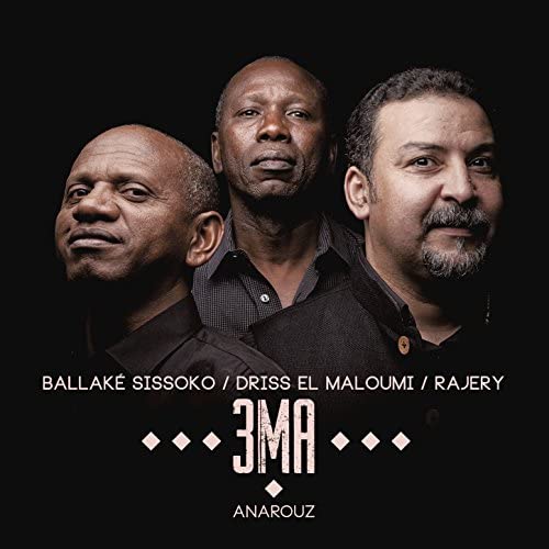 CD cover featuring portraits of three men, Ballaké Sissoko, Driss El Maloumi, and Rajery.
