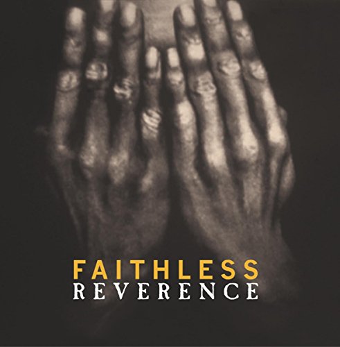 Dark image of clasped hands with text Faithless Reverence in yellow and white.