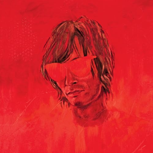 Red textured portrait of a man wearing sunglasses, vinyl record cover.