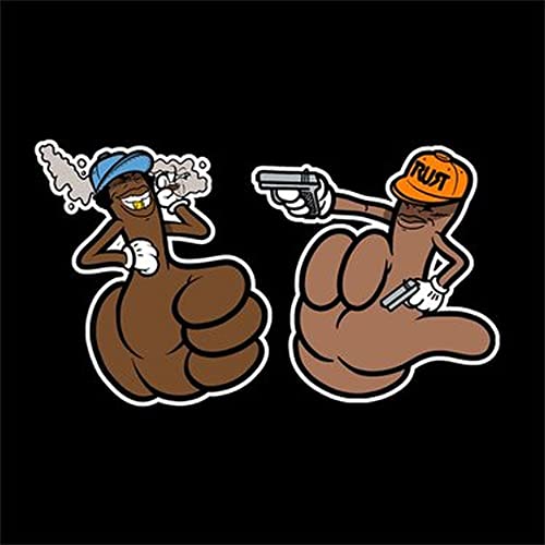 Two cartoon brown figures resembling roots, one smoking, one with guns.