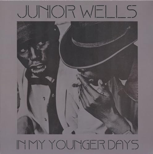 Black and white photo of Junior Wells on vinyl record cover.