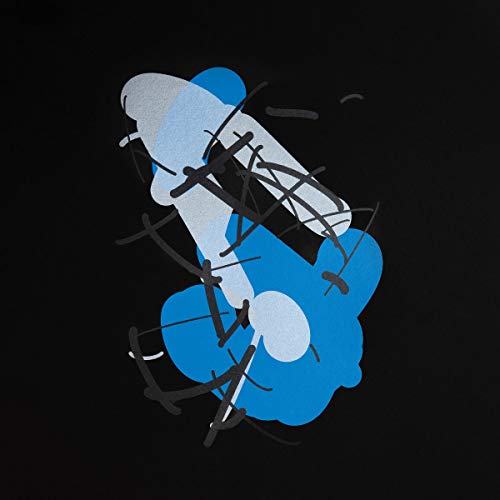 Abstract blue and white yacht illustration against a black background.