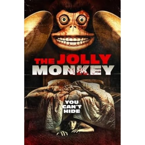 Creepy monkey face above a bed with someone hiding underneath.