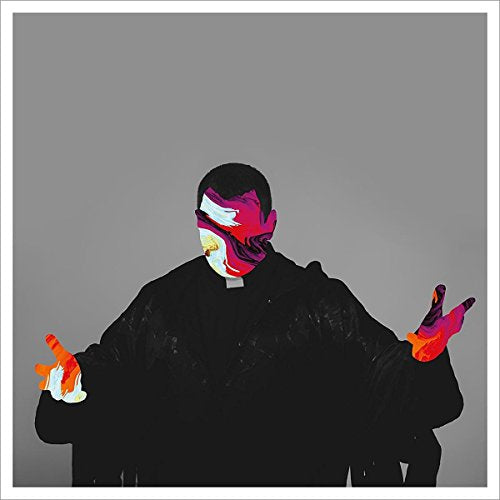 CD cover: Man in black with colorful, abstract paint on face and hands.