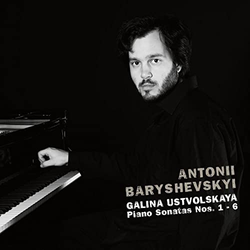 Black and white CD cover featuring pianist Antonii Baryshevskyi and text.