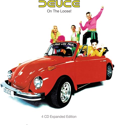 Red Volkswagen Beetle with four people, album cover for Deuce’s “On The Loose”.
