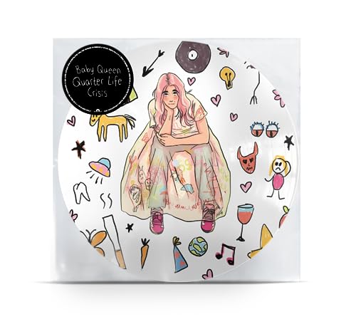Vinyl record with illustrated cover featuring a woman and colorful doodles.