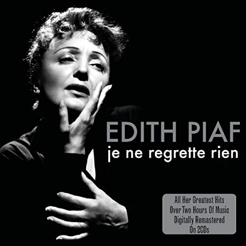 Black and white portrait of Edith Piaf with text overlay on a CD cover.