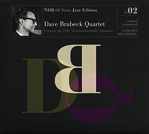Dave Brubeck Quartet album cover with portrait and abstract lettering.