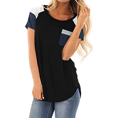 Woman wearing a black and blue colorblock t-shirt and jeans.