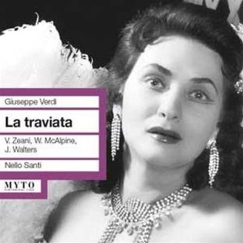 Black and white portrait of a woman with opera title "La Traviata".