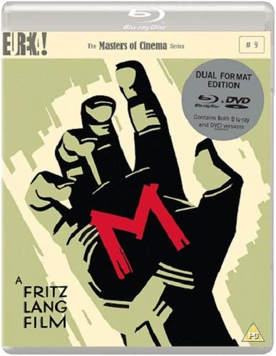 Blu-ray cover art for Fritz Lang's M featuring a large black hand and red M.