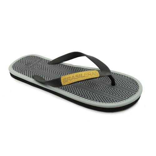 Black and gray patterned flip-flop with a yellow "Brasilieras" label.