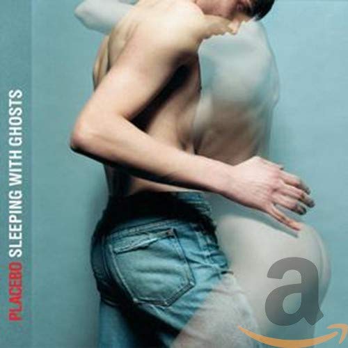 A shirtless person in jeans embraces a translucent, ghostly figure against a blue background.