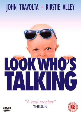 Baby with sunglasses peeking over large blue text on a white and pink background.