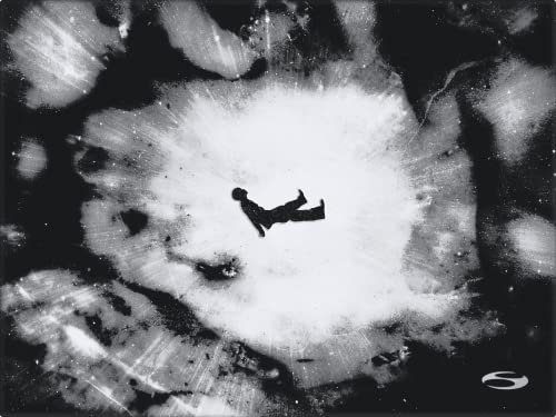 Black and white album cover featuring a figure falling into light.