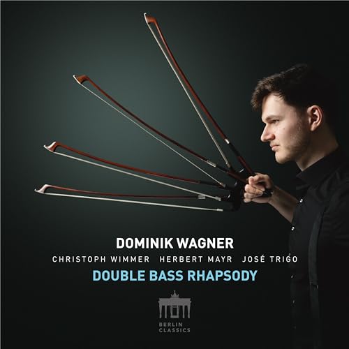 Dominik Wagner album cover featuring a man and multiple double bass bows.