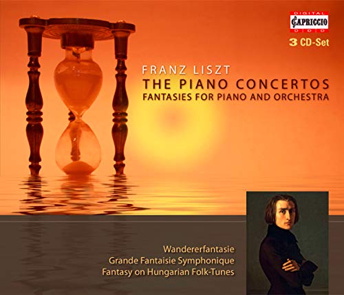 CD cover for Liszt piano concertos featuring an hourglass and portrait.
